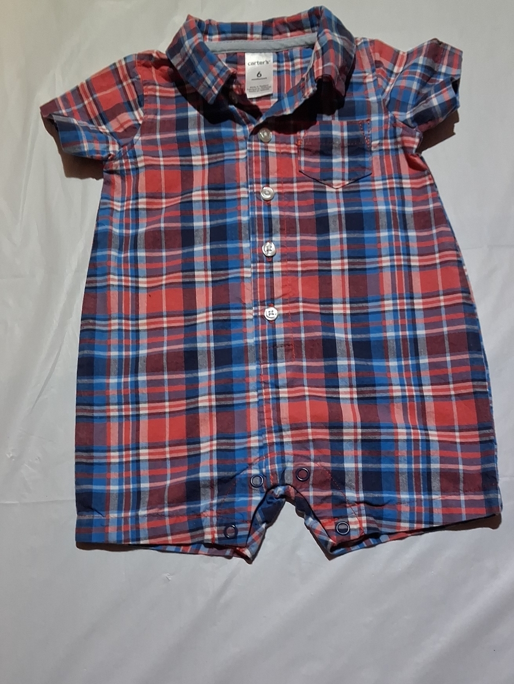 ✨Carter's Baby Boy Plaid Romper 6M Red Blue Short Sleeve Button-Front One-Piece✨